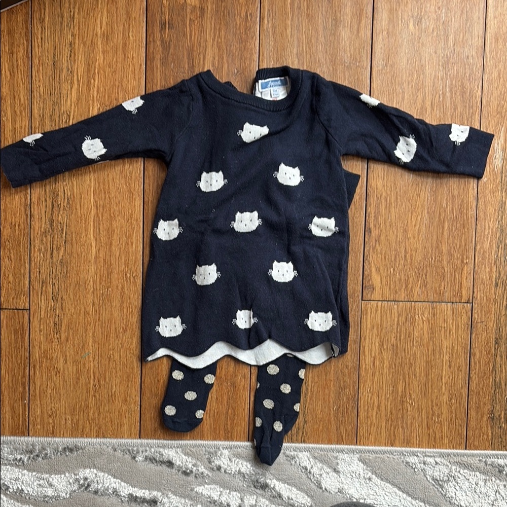 Navy Baby Dress with Cat Print and Leggings